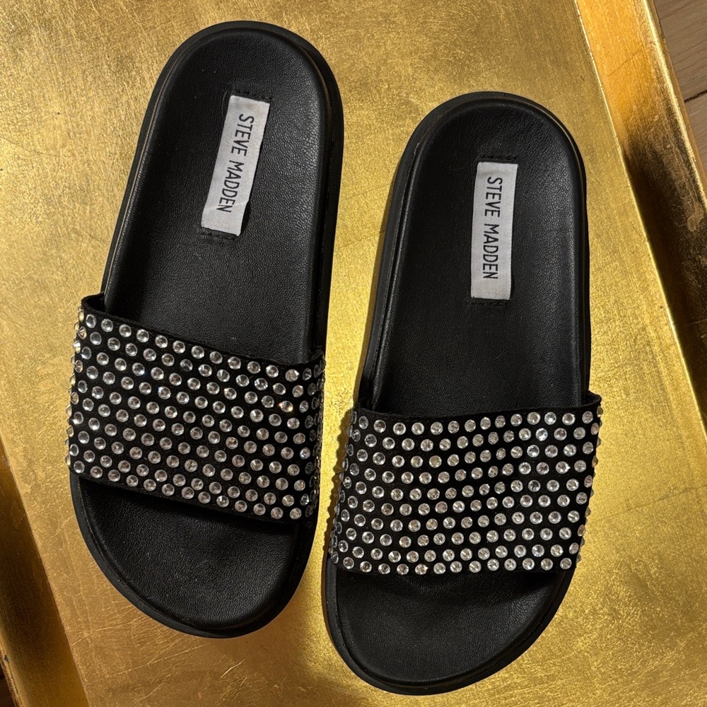 Steve Madden Black Slide Sandals with Silver Studs
